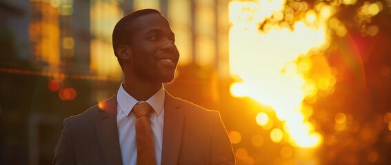 Smiling black businessman at sunset.