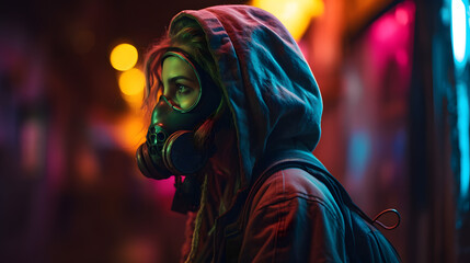 Fototapeta na wymiar a woman dressed in gas mask and glowing neon lights against a background