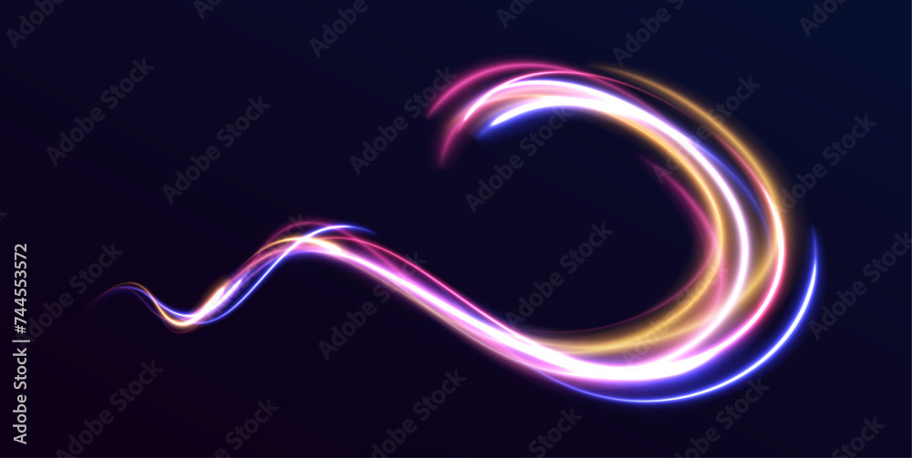 Poster vector neon lines swirl effect in the form of a road. expressway, car headlight effect. speed connec