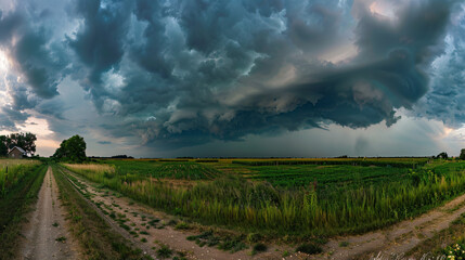 Fototapeta na wymiar A dramatic thunderstorm rolling in over a rural landscape.
