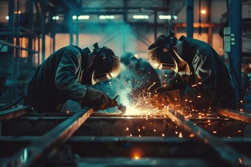 Workers welding in an industrial environment with dramatic lighting and sparks.