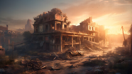 a wrecked city is lit by the sun