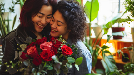 Happy asian young lesbian couple together holding flowers. Engagement celebration. Pride concept. Generative AI