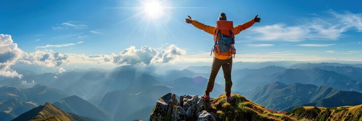 A mountain climber at the mountain top raises his hands. He is overlooking a stunning landscape. - obrazy, fototapety, plakaty