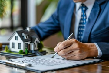 Real estate agent signing contract with miniature house on table