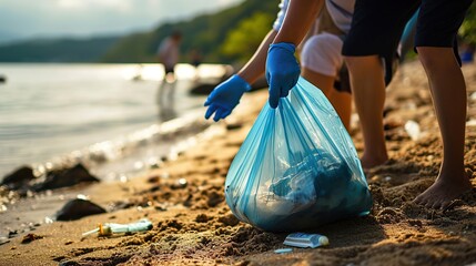 Close up hand volunteer cleaning up beach collecting trash, ecology concept