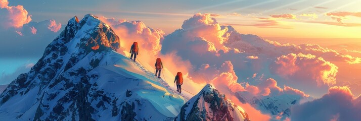 A group of mountain climbers at the mountain top at sunset. Scenic landscape in the background.