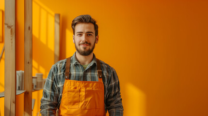 Fototapeta na wymiar Happy male builder with orange apron standing in front of an orange wall, copy space, empty space