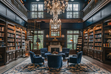 Grand Gothic library with floor-to-ceiling bookshelves, ornate chandeliers. - obrazy, fototapety, plakaty