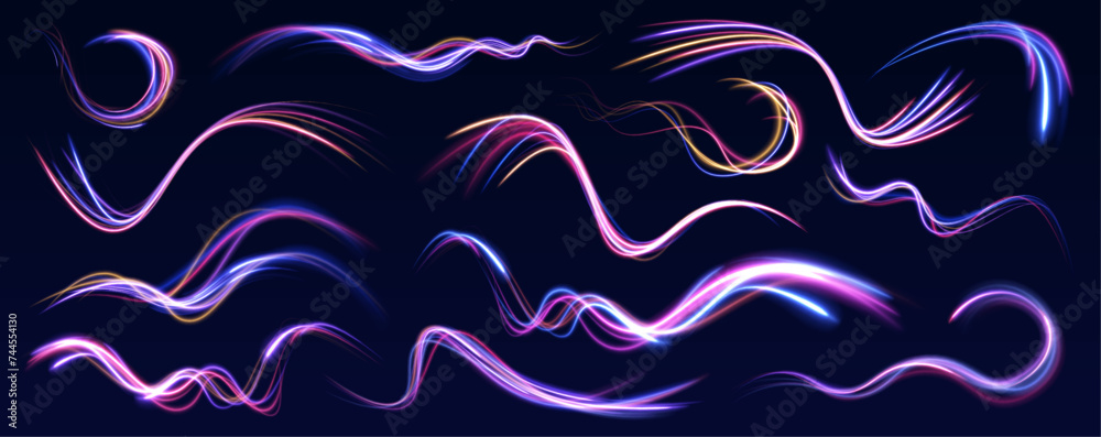 Aufkleber Set of neon speed lines on transparent background. Neon color glowing lines background, high-speed light trails effect. 