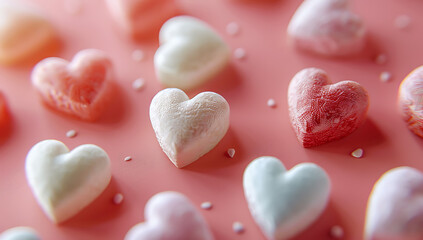 Fototapeta premium multiple colorful hearts are arranged on pink backgro