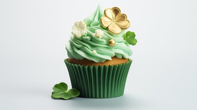 A captivating photograph highlighting the intricate details of a St. Patrick's Day cupcake adorned with emerald-green icing and an enchanting clover embellishment, poised to elevate any party invitati