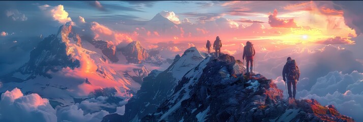 A group of mountain climbers at the mountain top against the backdrop of a scenic landscape.