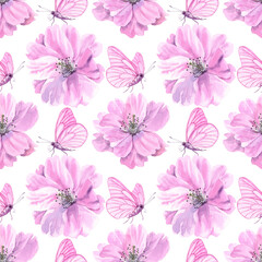 Watercolour Sakura spring flowers illustration seamless pattern. Seasonal Cherry blossom. On white background. Hand-painted. Botanical Floral elements. Butterflies with pink wings. For print wrapping
