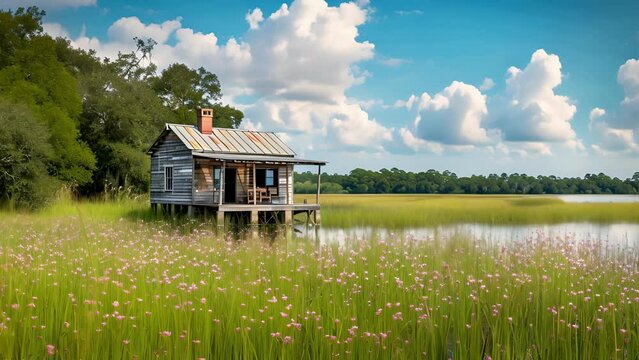 Tucked away ast the tall gres and blooming wildflowers this wetland dwelling is a hidden gem offering a secluded retreat surrounded by the natural beauty of the marshland.