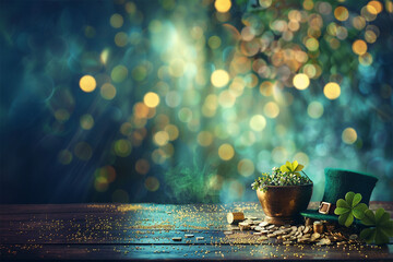 ST Patric Day greetings green hat and a pot of gold coin in bokeh background with text space for holiday celebration image by generative AI - obrazy, fototapety, plakaty