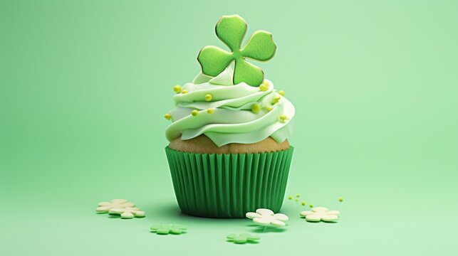  A tantalizing image showcasing a St. Patrick's Day cupcake featuring luxurious green frosting and a delicate clover accent, serving as the perfect centerpiece for a captivating party invitation desig