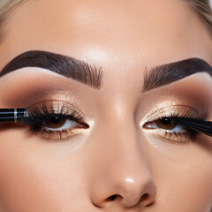 close up portrait of woman with makeup,Cosmetologist making permanent make up on eyebrows, tattoo procedure on young woman in beauty salon, extreme close up