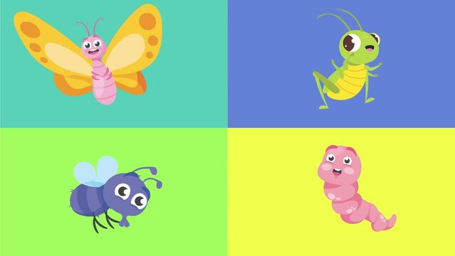 butterflies grasshoppers caterpillars and flies dancing happily on a colorful background set