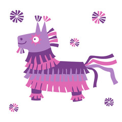 cartoon animal pinata isolated on white background. Vector illustration of colorful paper accessories in shape of horse, for traditional mexican party