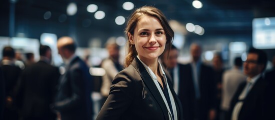 A pleased woman manager inquiring during a business seminar at the convention center.