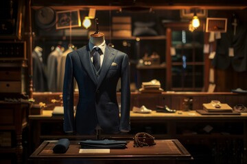 Tailored suit on mannequin in luxury bespoke tailoring shop