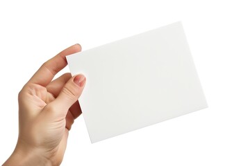 Obraz premium Female hand with blank paper card on white background