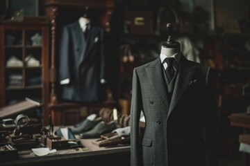 Tailored suit on mannequin in luxury bespoke tailoring shop - obrazy, fototapety, plakaty