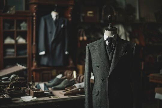 Tailored suit on mannequin in luxury bespoke tailoring shop