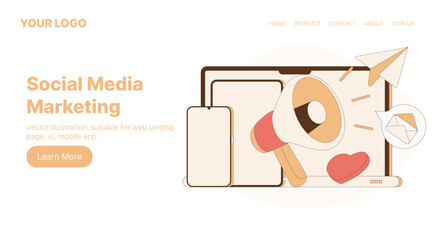 Social Media Marketing. Web Landing Page Design. Flat Cartoon Vector Illustration. Vector illustration, suitable for web landing page, ui, mobile app