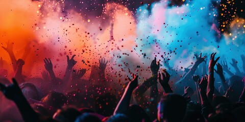Crowd celebrating with vibrant color powder at Holi festival, summer party or music festival - obrazy, fototapety, plakaty