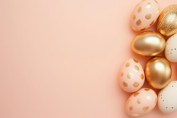 Easter eggs decorated with pink and gold paint on a pink background