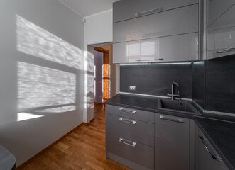 KItchen in the modern flat. Light from the window.