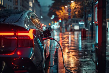 Electric car charging at a station during a rainy evening