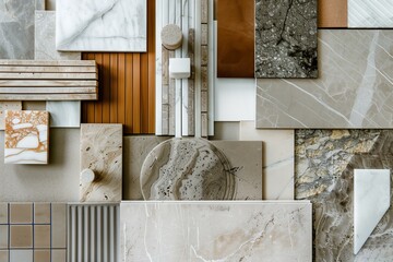 interior design material sample moodboard with luxury surfaces like marble and wood - obrazy, fototapety, plakaty