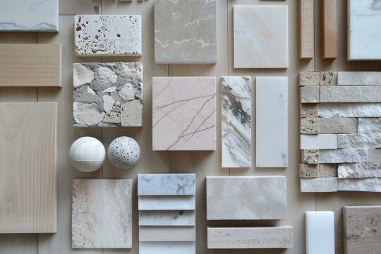 interior design material sample moodboard with luxury surfaces like marble and wood