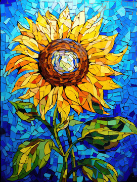 Stained Glass Sunflower On Blue Background. Printable Wall Art.