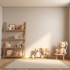 Fototapeta na wymiar Nursery in beige colors with toys and stuffed animals.