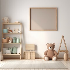 Nursery in beige colors with toys and stuffed animals.