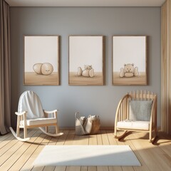Nursery in beige colors with toys and stuffed animals.