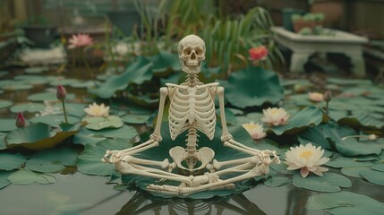 Human skeleton, sitting cross-legged, meditating on a lotus. The concept of meditation, being still and calm, and letting go in a world of emptiness.


