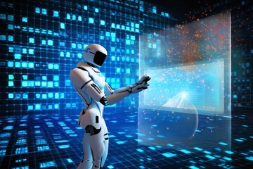 Fototapeta premium android robot works with computer and data against background of abstract digital space with holographic elements and lights, cyber future