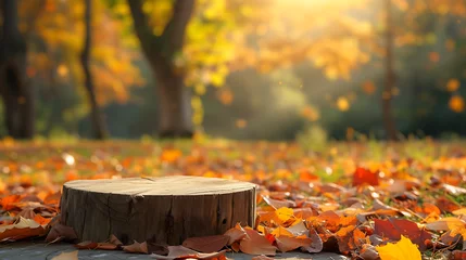 Gardinen A serene autumn landscape with fallen leaves and a wooden podium, providing a calming backdrop for nature-inspired products © simo