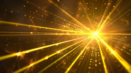 Fototapeta na wymiar Golden beams of bright laser light shining on black background. Generative AI