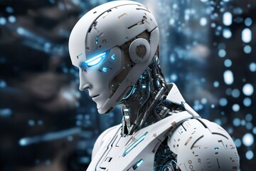 Fototapeta premium android robot works with computer and data against background of abstract digital space with holographic elements and lights, cyber future