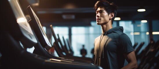 Asian male in his youth jogging on a treadmill at a fitness gym. - obrazy, fototapety, plakaty