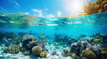 Foto auf Alu-Dibond Underwater view of a colorful sea coral reef with fishes. Ocean ecosystem. Generative AI © AngrySun