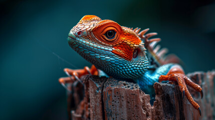 Fototapeta premium Vibrant Orange and Blue Iguana Close-Up Image