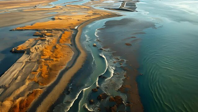 An aerial view of a coastal region with strategically p oil spill barriers designed to divert and contain any potential oil spills before it reaches the shoreline.