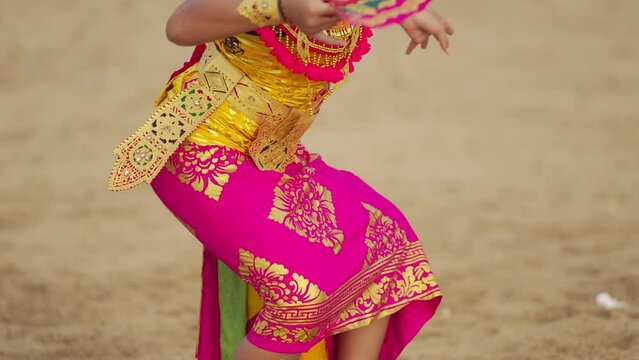 Close-up of dancer in balinese costume and traditional attire, cultural heritage